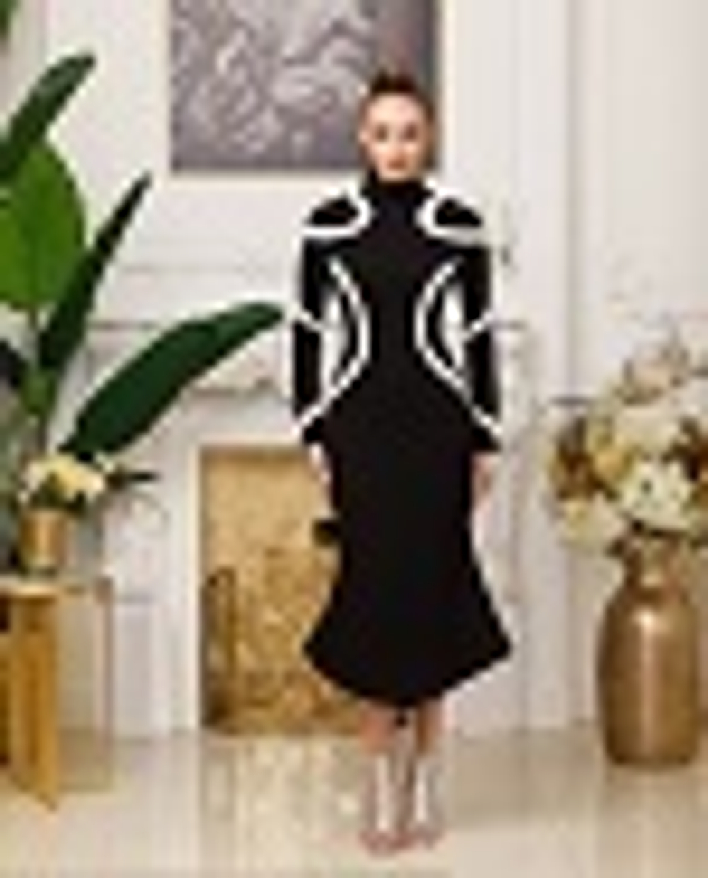 05-02-21 FW Трикотажное платье с графическими вставками, черный, белый XL