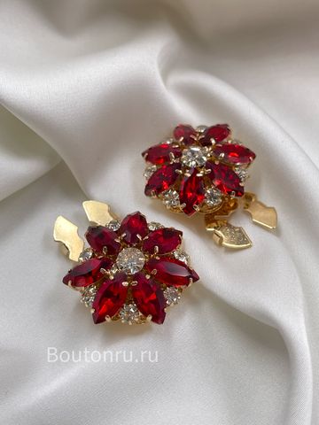 Накладка на пуговицу в форме цветка золотистые с красными стразами (клипсы)