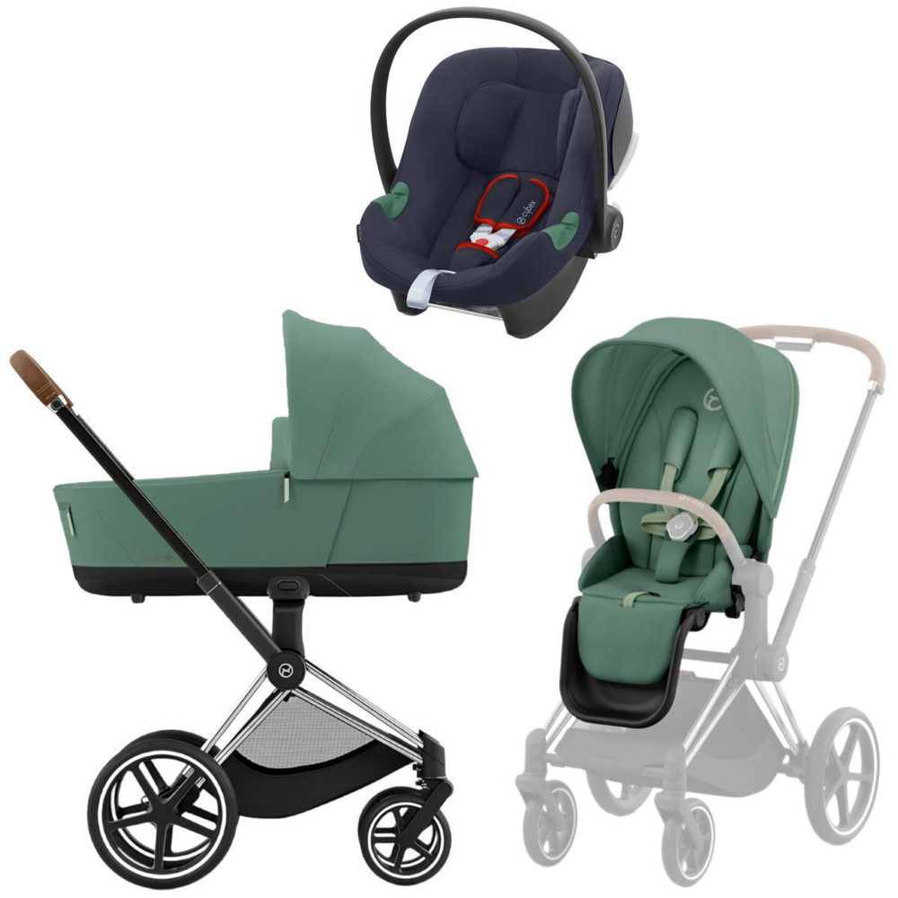 Коляска 3 в 1 Cybex Priam IV Chrome Brown complete и автокресло Aton B2 i-Size Bay Blue Leaf Green
