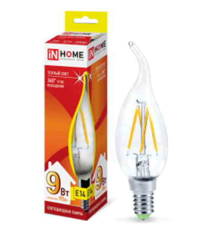 Лампа светодиодная LED-СВЕЧА НА ВЕТРУ-deco 9Вт 230В Е14 3000К ТЕПЛЫЙ 1040Лм прозрачная IN HOME