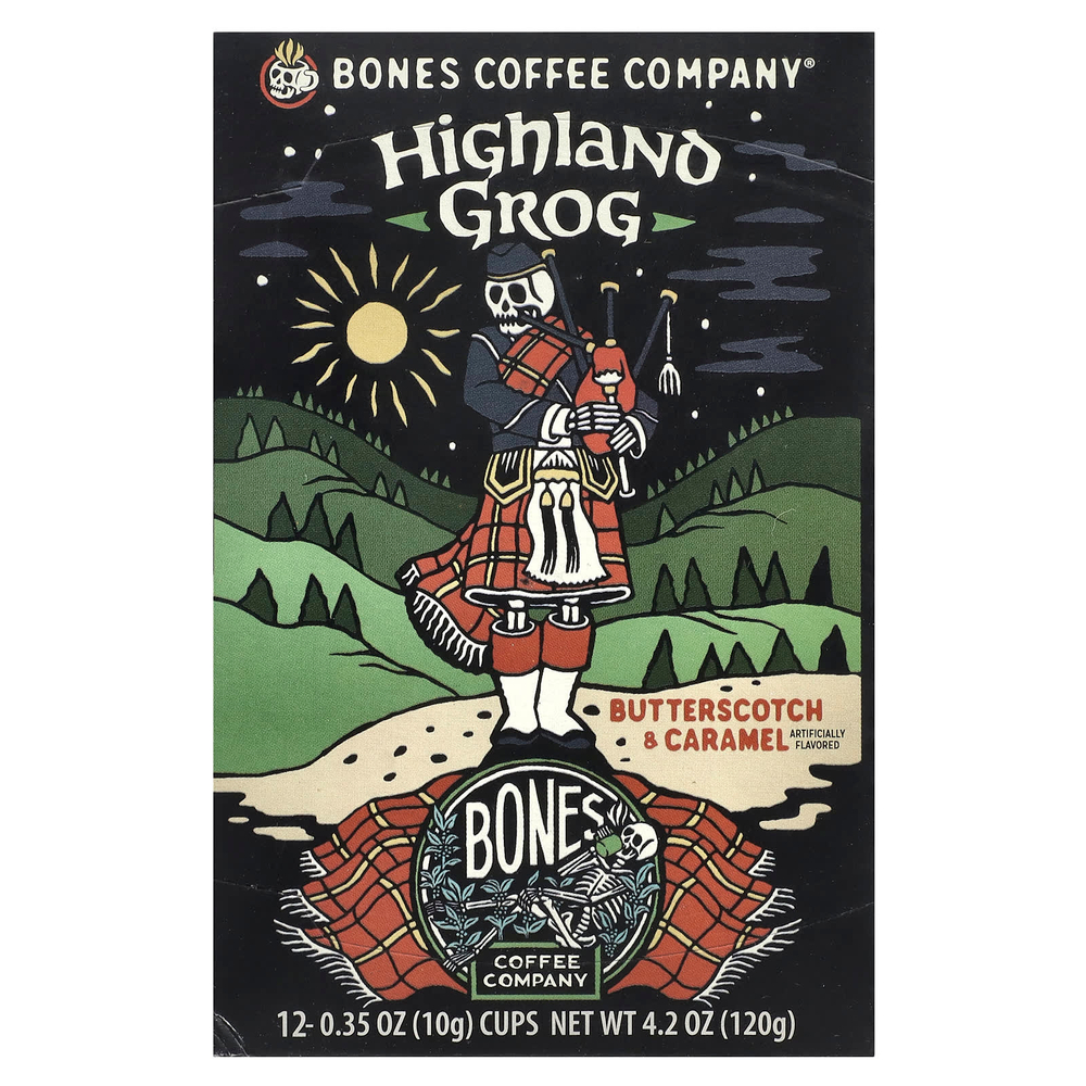 Bones Coffee Company, Highland Grog, кофейные чашки, ириска и карамель, 12 чашек по 10 г (0,35 унции)
