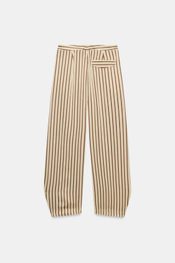 ZARA БРЮКИ BALLOON В ПОЛОСКУ ZW COLLECTION, ЭКРЮ/ГРАНАТОВЫЙ