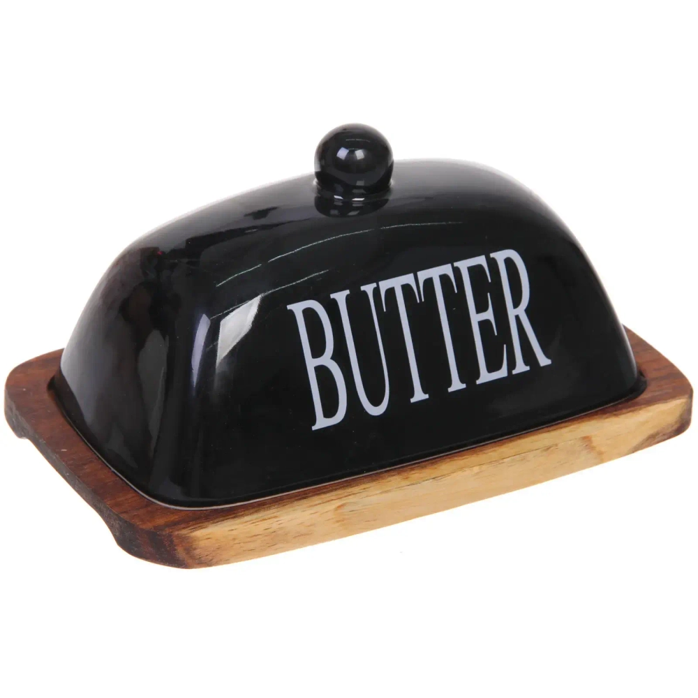 Масленка деревянная «White magic» 18*11,5*7см с крышкой из керамики, черная