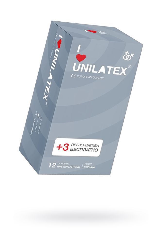 Презервативы с рёбрами Unilatex Ribbed - 12 шт. + 3 шт. в подарок