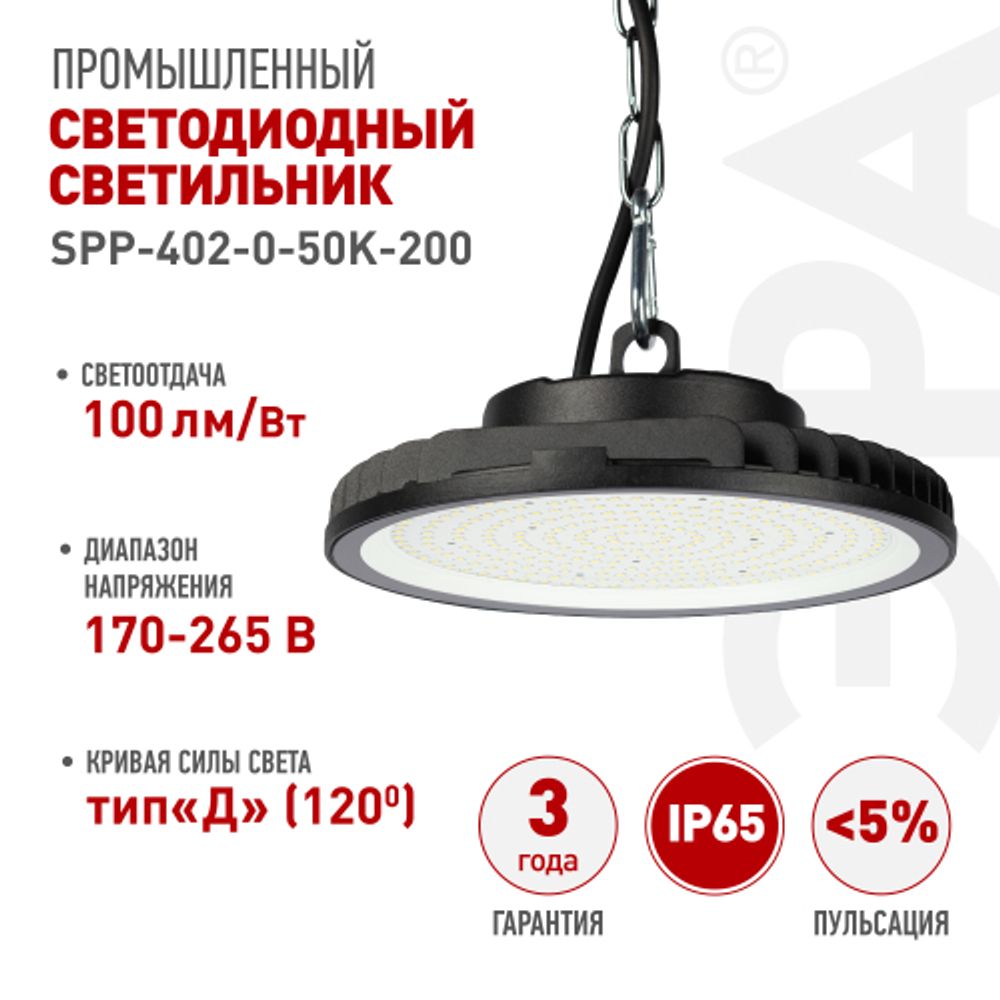 Светильник светодиодный ЭРА SPP-402-0-50K-200 200Вт 5000K IP65 | Светильники для высоких пролетов (хайбеи)