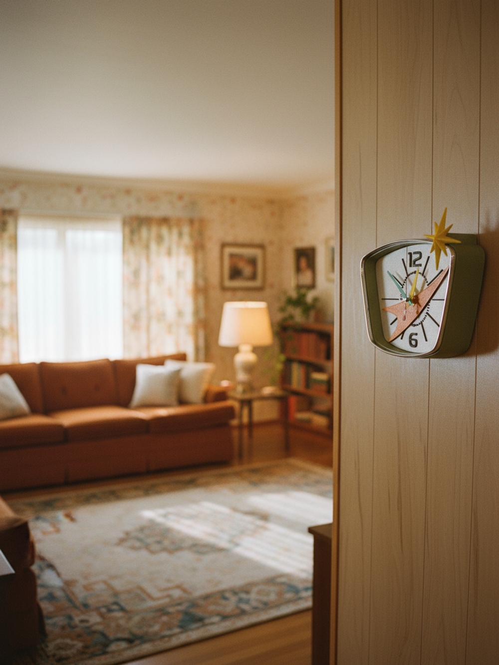 Настенные ретро-часы «Орбита-57» со светло-оливковым корпусом и хром-ободом, вдохновлённые космическим стилем 1950-х