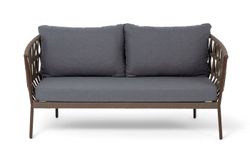 "Диего" диван 2-местный плетеный из роупа, каркас алюминий коричневый (RAL8016) муар, роуп коричневый круглый, ткань темно-серая 027