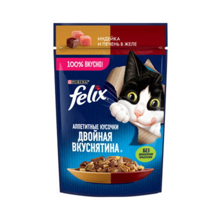 Влажный корм FELIX Двойная Вкуснятина с индейкой и печенью, в желе 75 г