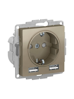 Розетка 1-м СП AtlasDesign 16А IP20 с 2-мя заряд. устройствами USB тип A+A 5В/2.4А 2х5В/1.2А механизм шампань SE ATN000530