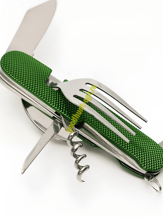 Мультитул 6в1 походный приборы: нож, вилка, ложка, открывашка Зеленый