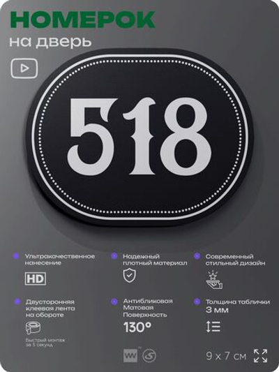 Номерок на дверь квартиры 518, для кабинета, офиса, шильдик 9 х 7 см, черный, Айдентика Технолоджи
