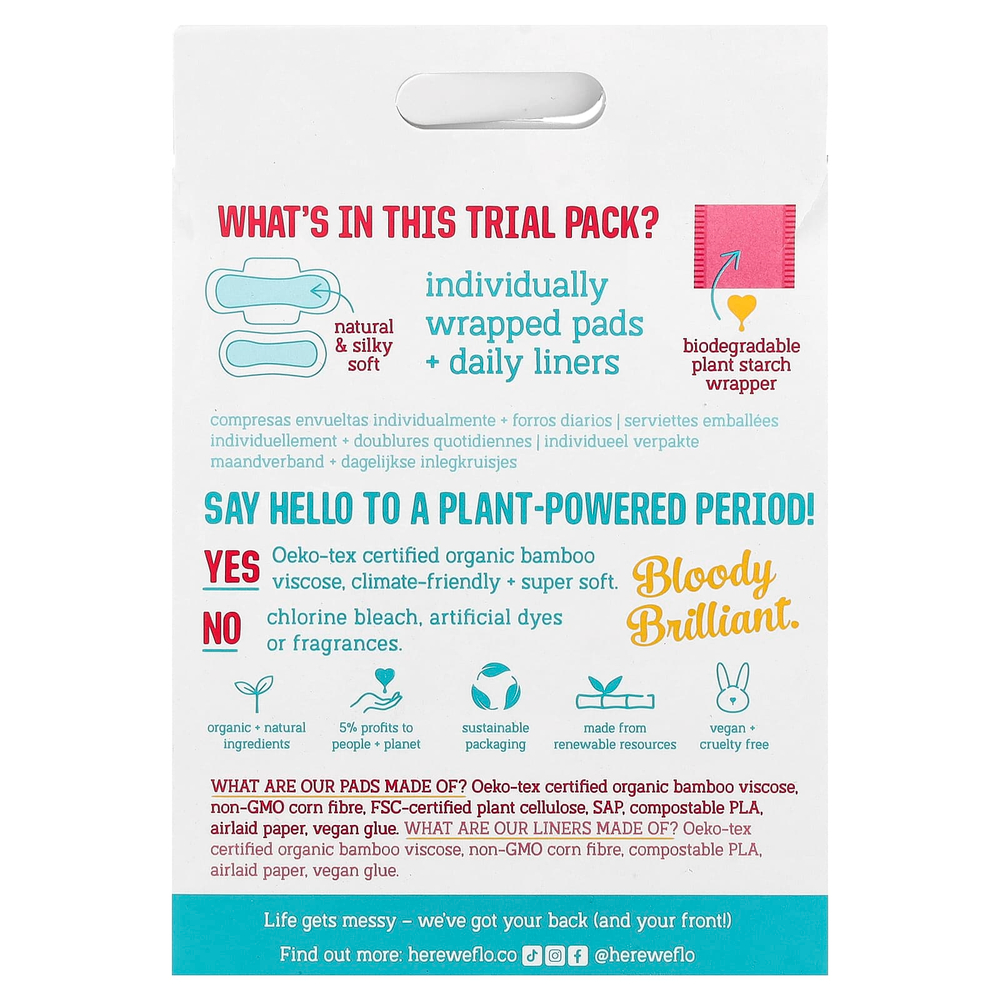 Here We Flo, прокладки и ежедневные прокладки, пробный набор, 3 прокладки и 2 прокладки