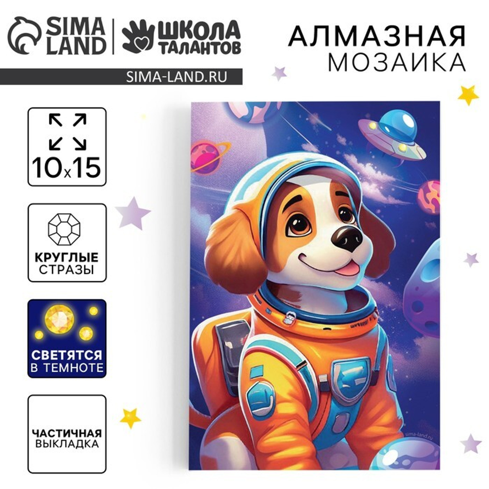 Алмазная мозаика «Щенок в космосе», 10*15 см, со светящимися стразами, Школа талантов