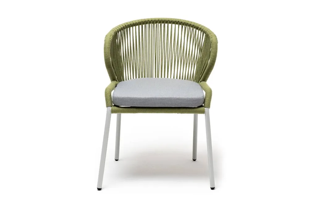 "Милан" стул плетеный из роупа, каркас алюминий светло-серый (RAL7035) муар, роуп салатовый меланж круглый, ткань светло-серая