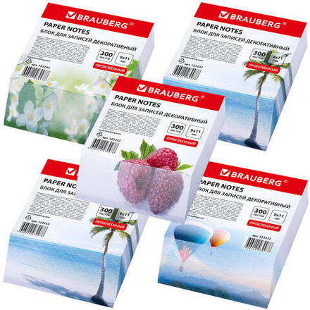 Блок для записей BRAUBERG проклеенный, косой срез 9х11 см, 300 листов, ДЕКОРАТИВНЫЙ, 5 дизайнов ассорти, 123233