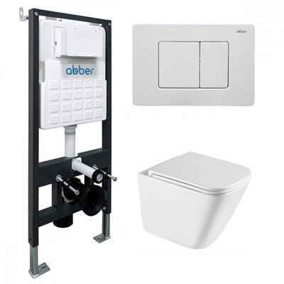 Комплект подвесной унитаз ABBER Rechteck AC1219TC белый, с закрытым дном с инсталляцией AC0105 и кнопкой AC0120MW белая матовая
