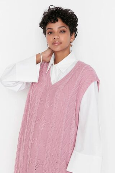 Розовый свитер из трикотажа с v-образным вырезом TCTAW23SV00005