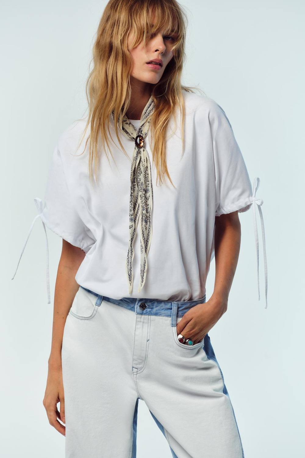 ZARA ХЛОПКОВАЯ ФУТБОЛКА С ЗАВЯЗКАМИ, БЕЛЫЙ