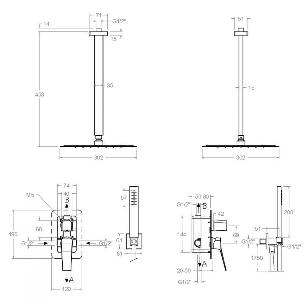 Встраиваемый смеситель для душа на 2 выхода с тропическим и ручным душем PRISMA K4215021