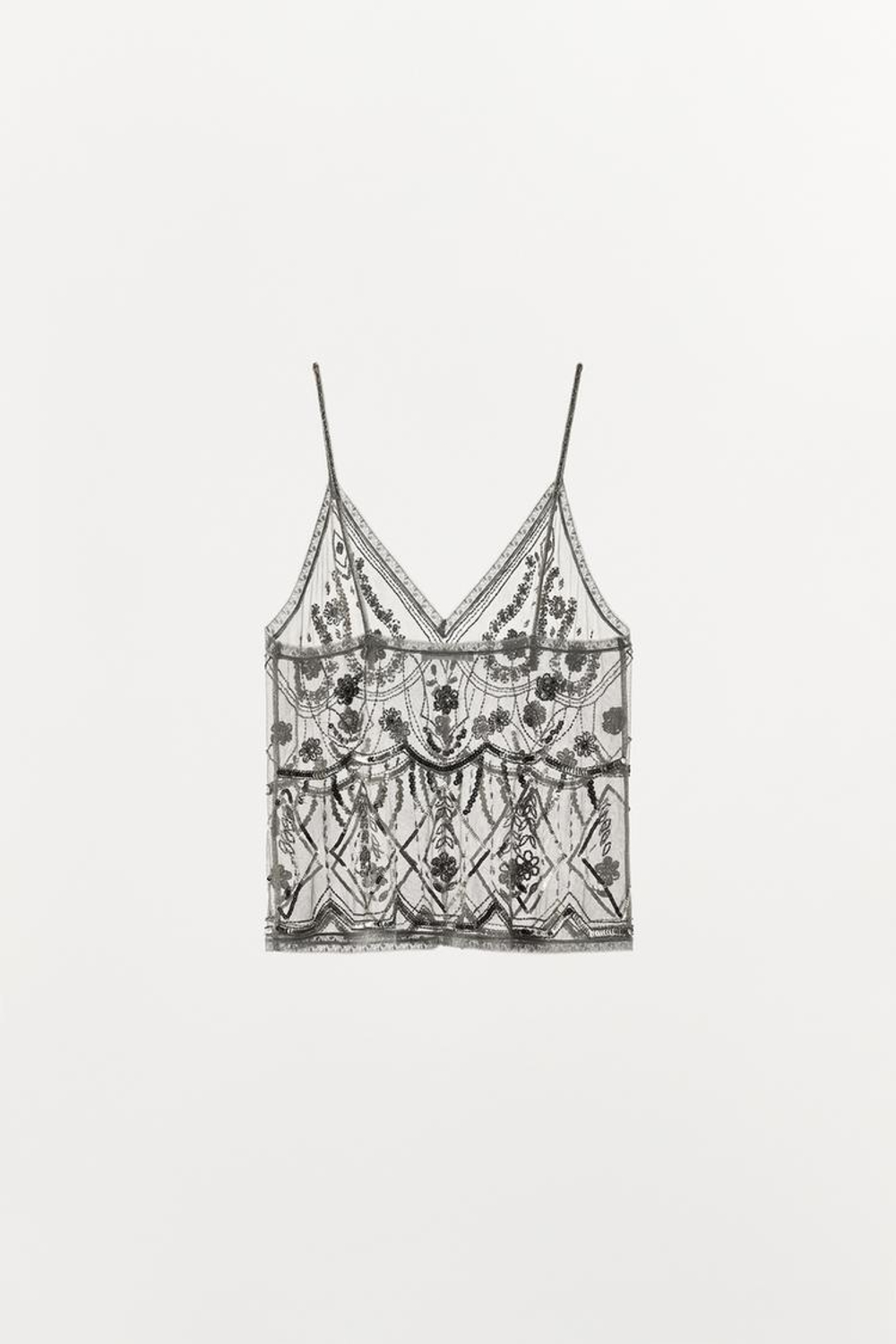 ZARA ТОП С БУСИНАМИ И ПАЙЕТКАМИ, СЕРЕБРИСТЫЙ