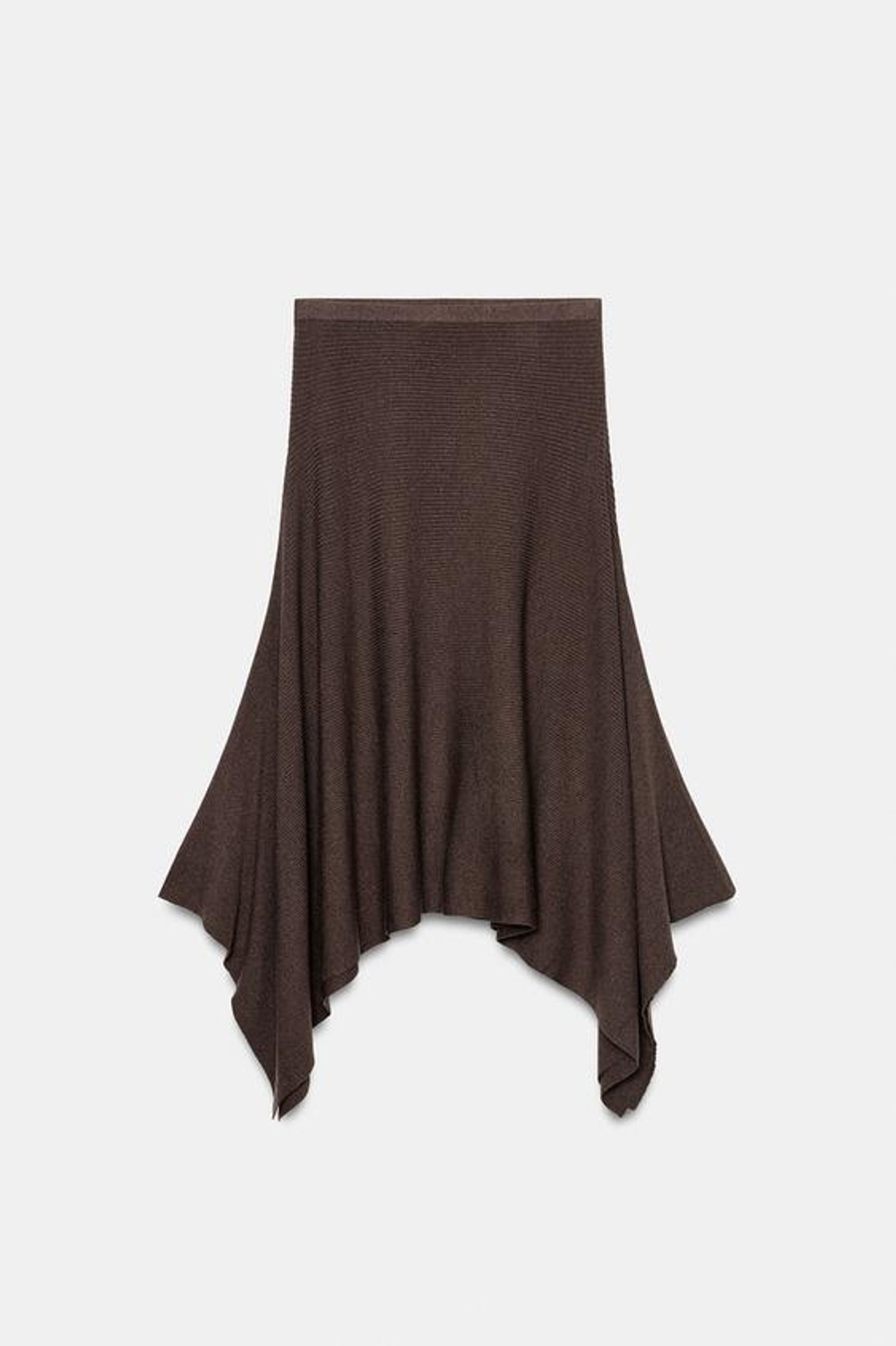 ZARA АСИММЕТРИЧНАЯ ТРИКОТАЖНАЯ ЮБКА МИДИ, КОРИЧНЕВЫЙ