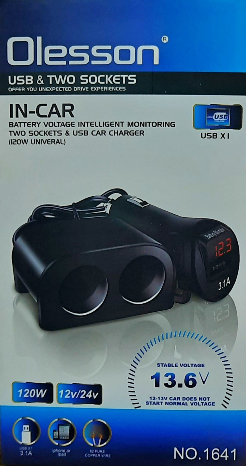Разветвитель авто Olesson NO.1641 (USB/2роз.+вольтметр)