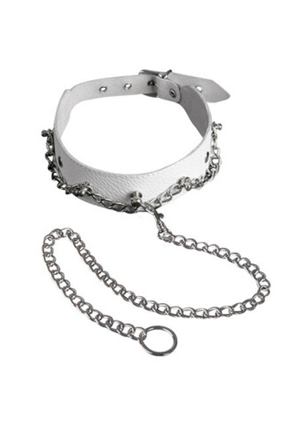 Ошейник белый с металлической цепочкой по окружности и с цепочкой-поводком (Цвет: белый)