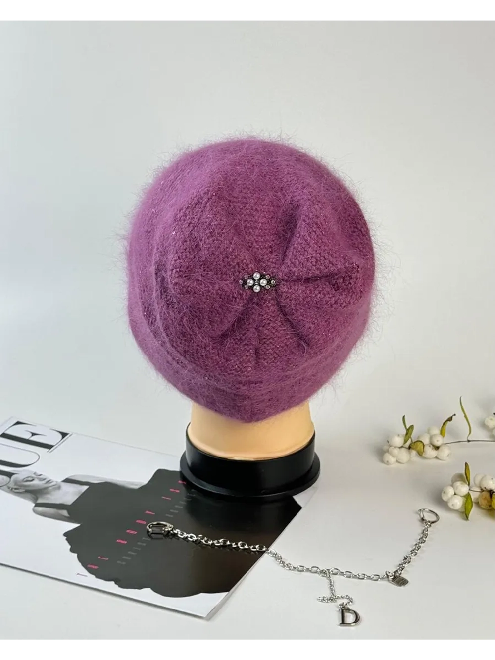 шапка зимняя вязаная ангора с пайетками