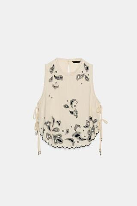 ZARA ТОП С ВЫШИВКОЙ И БУСИНАМИ, ЖЕЛТОВАТО-БЕЛЫЙ