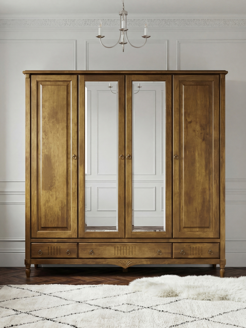 Шкаф 233х68х220, Джоли, распашной, 4 двери, с ящиками для одежды, из массива березы, цвет макиато, Makosa