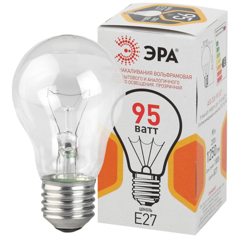 Лампочка ЭРА A50 95Вт Е27 / E27 230В груша прозрачная цветная упаковка | Лампа накаливания Груша (A)