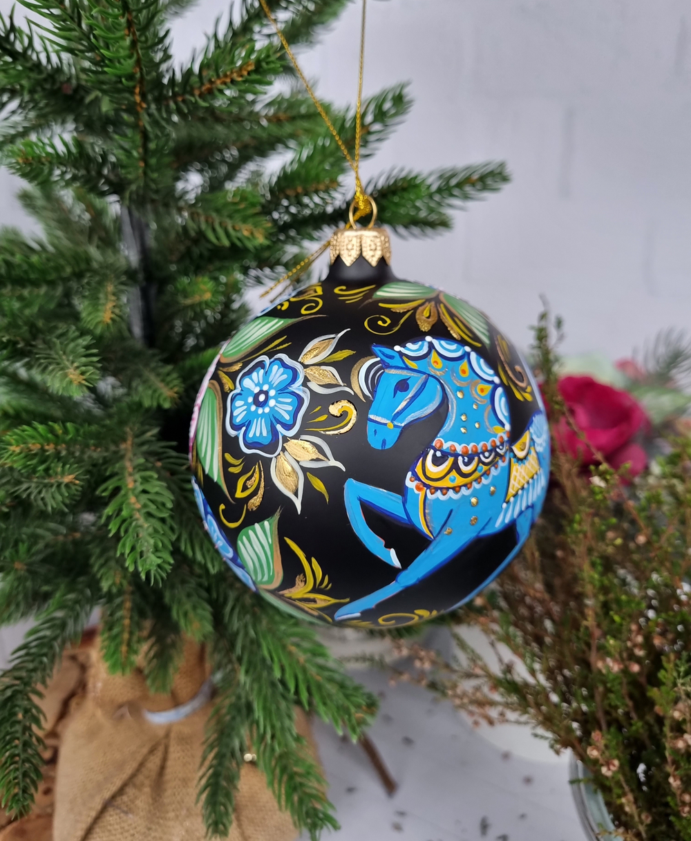 Шар стеклянный "Городецкая роспись" с лошадкой