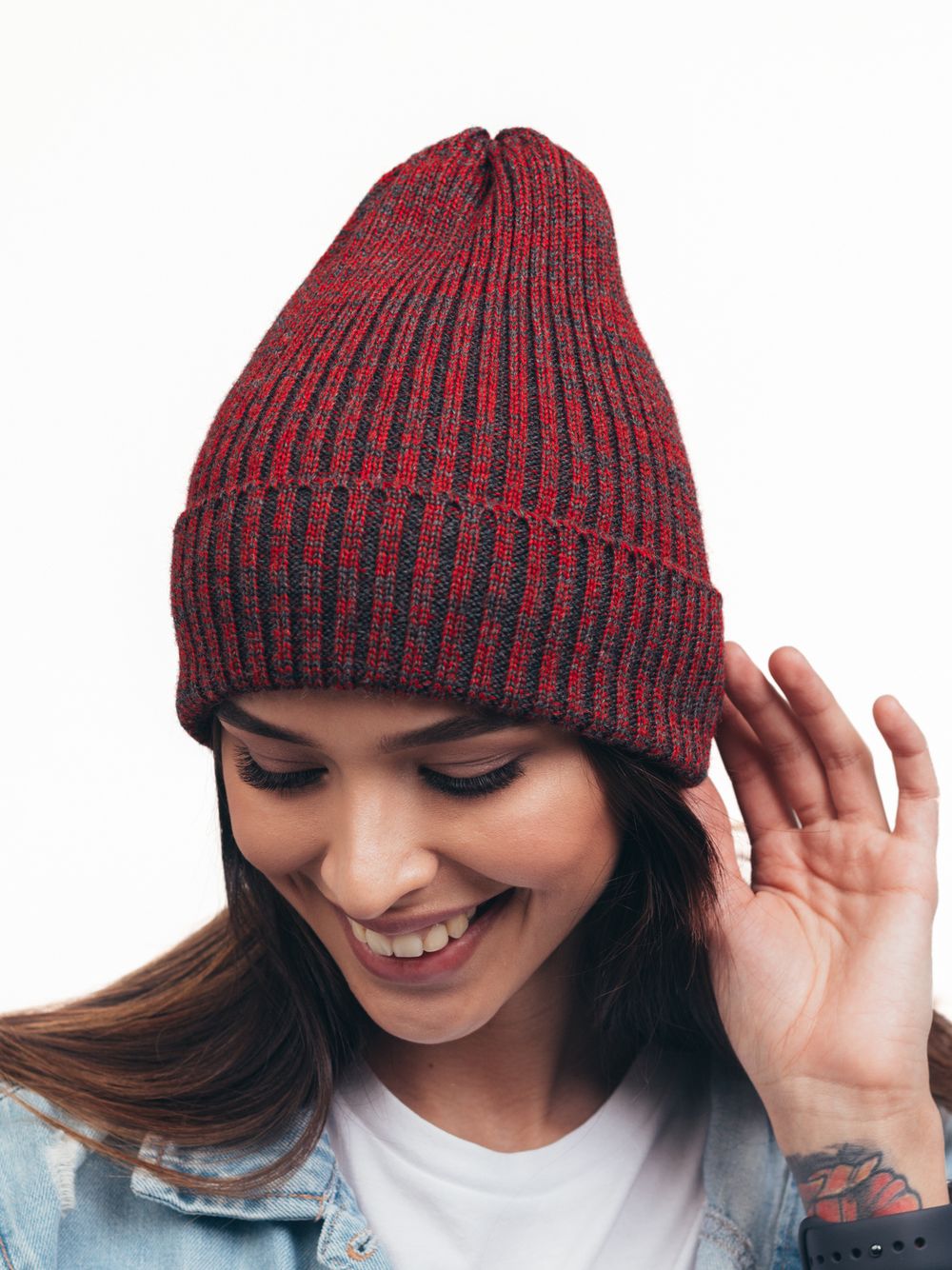Шапка вязаная-резинка весенняя/осенняя КЭП(Красный/Темный меланж)