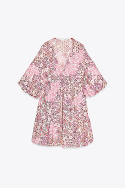 ZARA ПЛАТЬЕ ИЗ ТКАНИ С ПРИНТОМ С ОБЪЕМНЫМИ РУКАВАМИ, РАЗНОЦВЕТНЫЙ