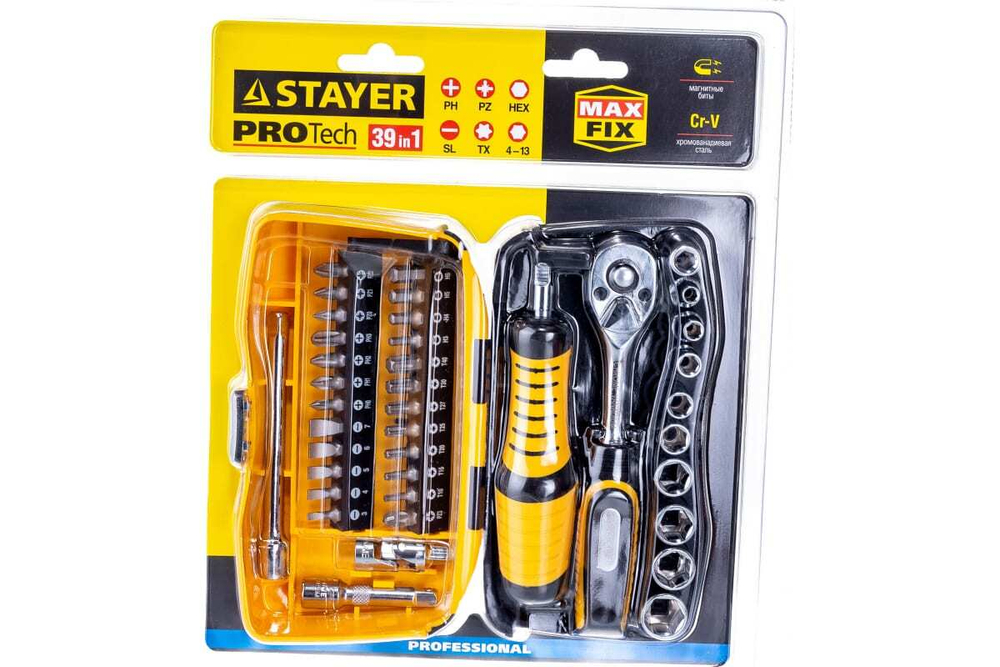 Биты и торцовые головки с трещоткой и воротком 39шт STAYER PROFI 25135-H39