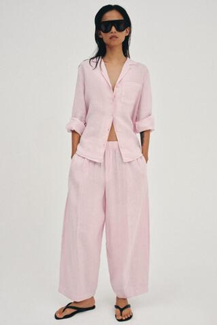 ZARA БРЮКИ BARREL ИЗ ЛЬНА — ZW COLLECTION, СВЕТЛАЯ МАЛЬВА