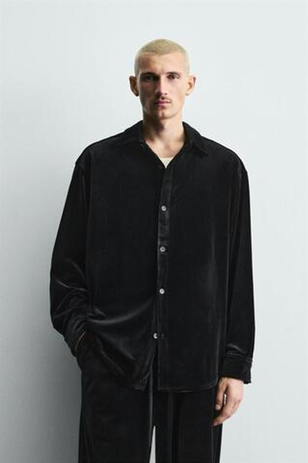 ZARА ВЕЛЬВЕТОВАЯ КУРТКА-РУБАШКА СВОБОДНОГО КРОЯ, ЧЕРНЫЙ