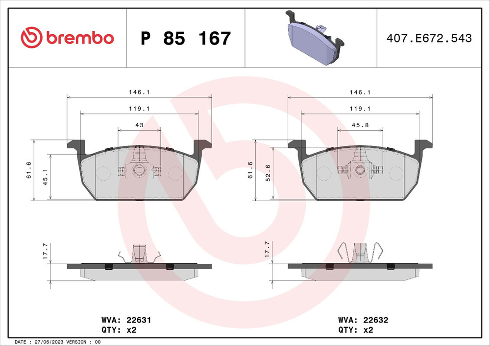 BREMBO - P85167-BRB - Brake Pad Set, disc brake