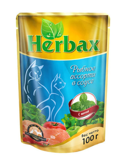 Влажный кром Herbax для взрослых кошек, рыбное ассорти в соусе с мятой, 100 г