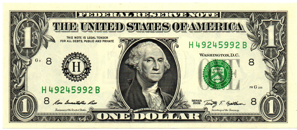 Банкнота США 1 доллар 2009 год - H 49245992 B (Сент Луис). AUNC