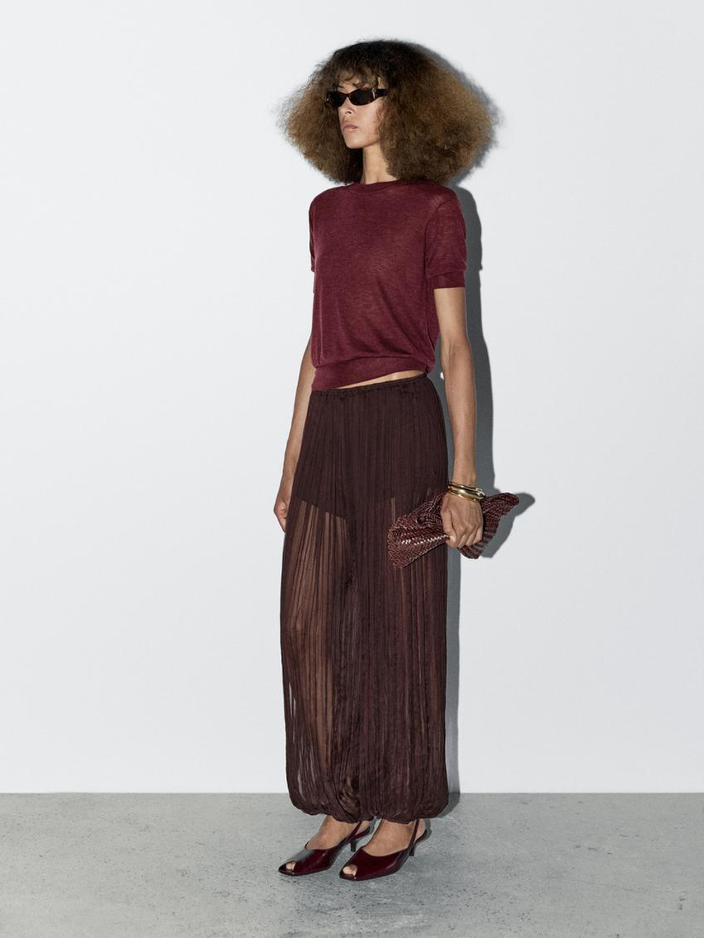 Massimo Dutti Тонкий трикотажный свитер с короткими рукавами - STUDIO, бордово-красный