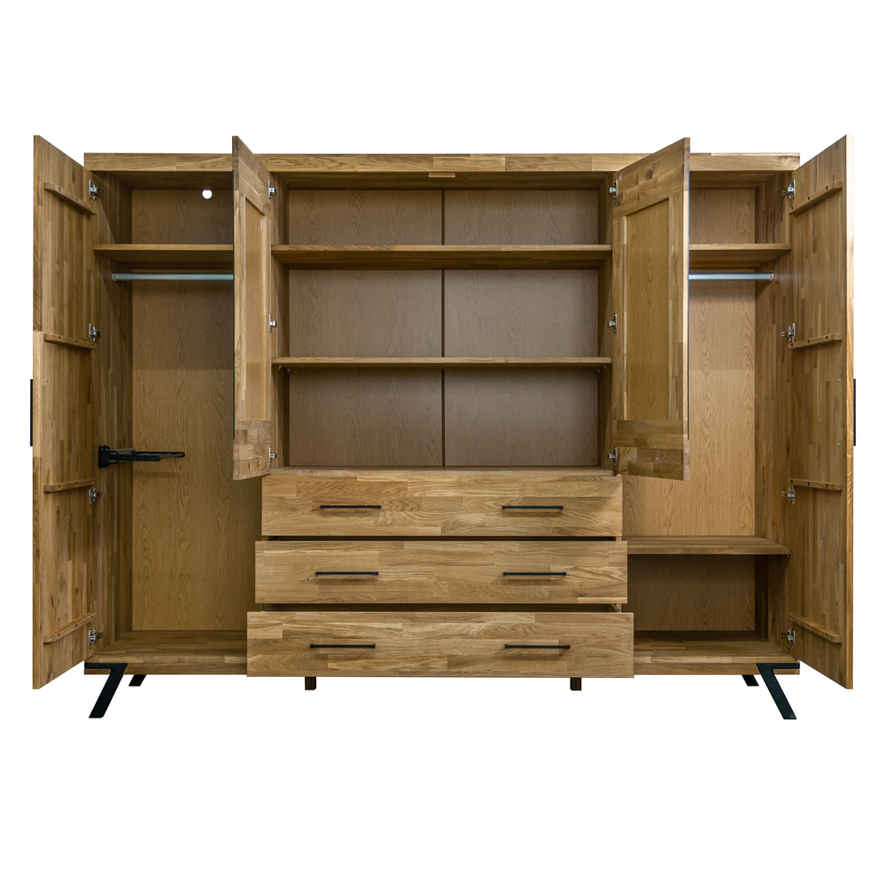 Шкаф для одежды Флеверс из массива дуба, 240х190х62 см, 4 двери 3 ящика, на металлических ножках