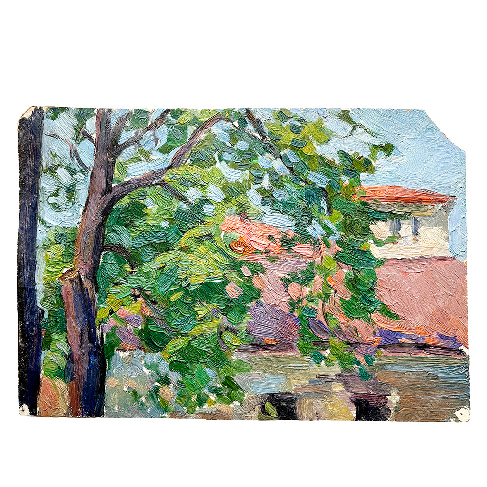 Динес Ю. С. Летний день. Дерево и крыша дома. Этюд. Картон, масло. 1954 г.