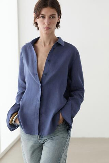 Massimo Dutti Свободная рубашка из 100% льна, светло-синий