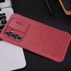 Кожаный чехол книжка красного цвета от Nillkin для Samsung Galaxy A54 5G, серия Qin Pro Leather с защитной шторкой для камеры