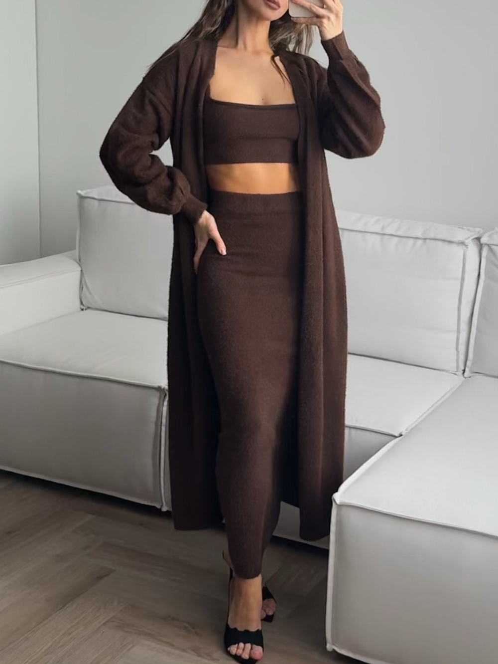 Комплект вязаный, пушистый, юбка, топ, кардиган