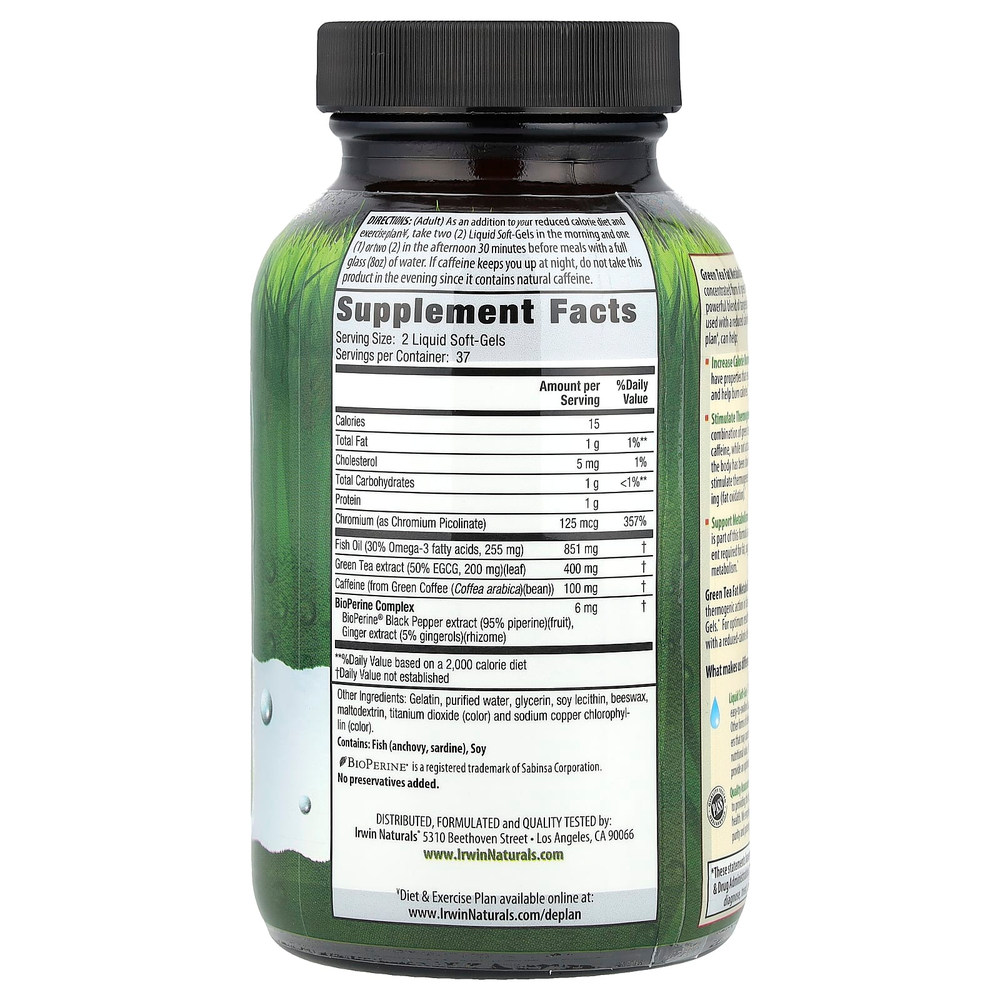 Irwin Naturals, зеленый чай, метаболизм жира, 75 капсул с жидкостью