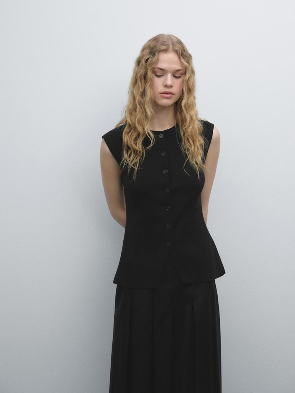 Massimo Dutti Трикотажный жилет облегающего кроя с пуговицами, черный