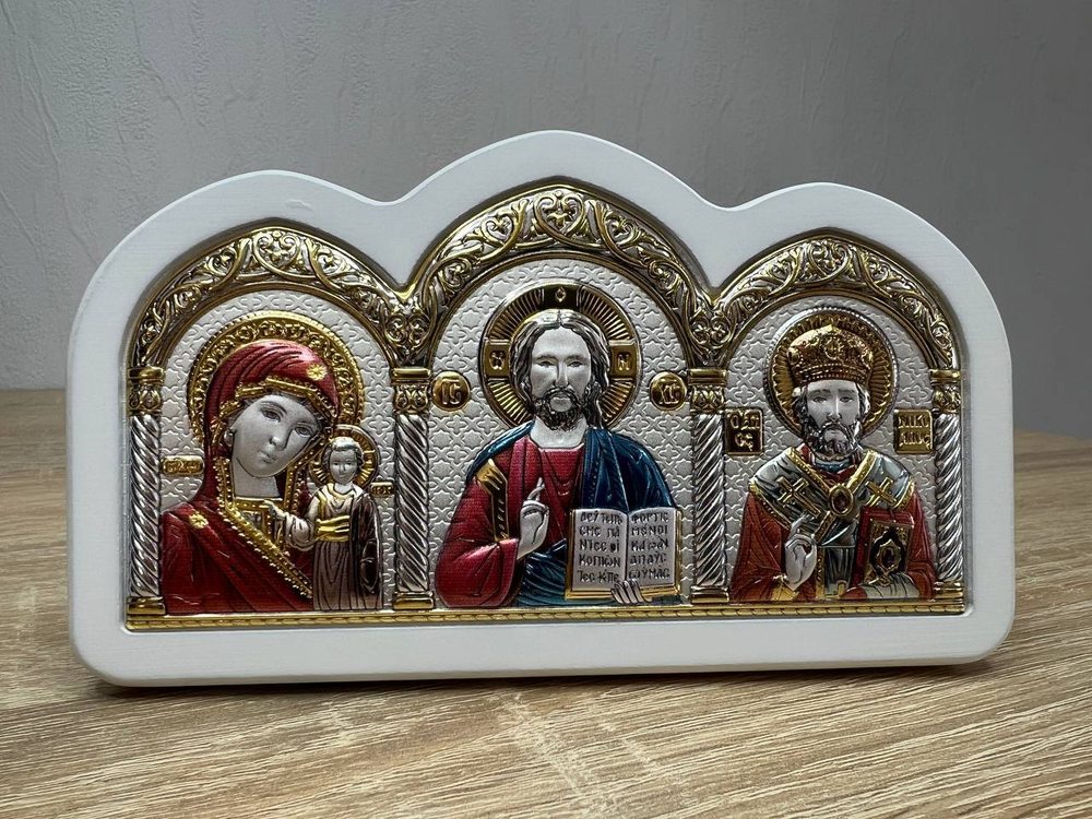 Спаситель, Казанская БМ, Николай Чудотворец, триптих, эмаль 85х150