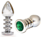 Большая серебристая анальная пробка с изумрудным кристаллом - 10 см. (Цвет: изумрудный)